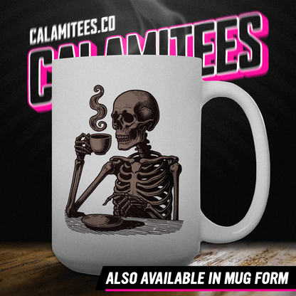 Skeleton Drinking Coffee Vintage Style Graphic T-Shirt