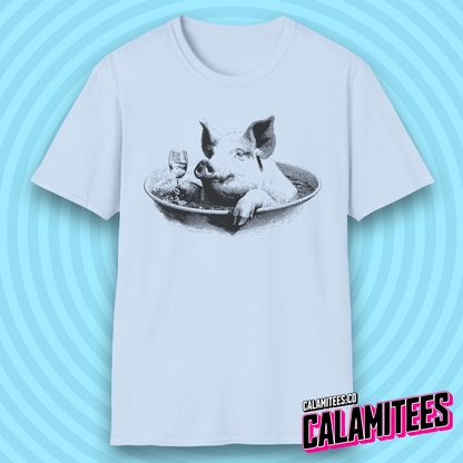 Swine & Wine Pig With a Wineglass Vintage Style Artwork T-Shirt