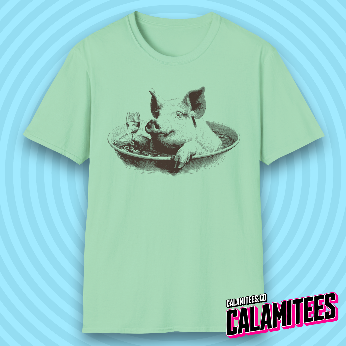 Swine & Wine Pig With a Wineglass Vintage Style Artwork T-Shirt