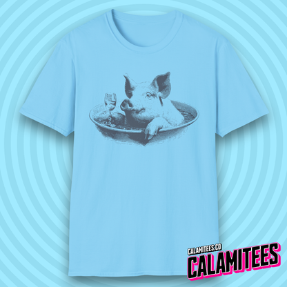 Swine & Wine Pig With a Wineglass Vintage Style Artwork T-Shirt