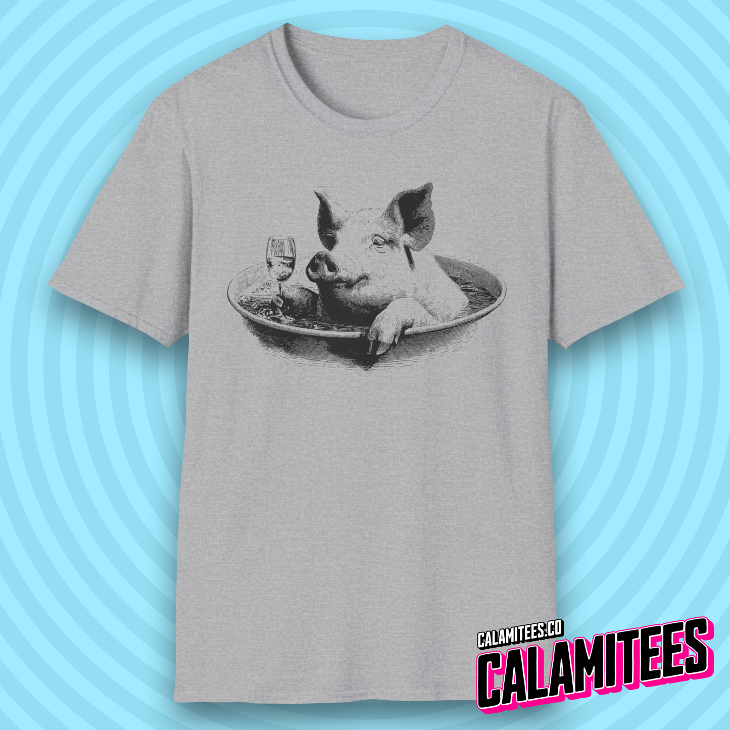 Swine & Wine Pig With a Wineglass Vintage Style Artwork T-Shirt