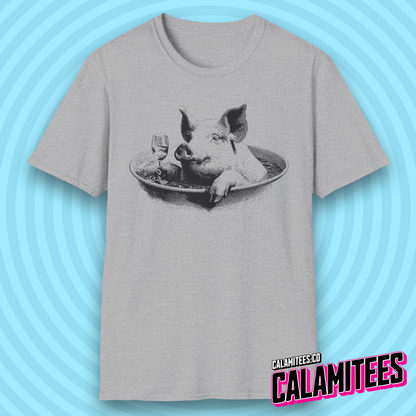 Swine & Wine Pig With a Wineglass Vintage Style Artwork T-Shirt