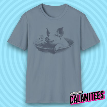 Swine & Wine Pig With a Wineglass Vintage Style Artwork T-Shirt