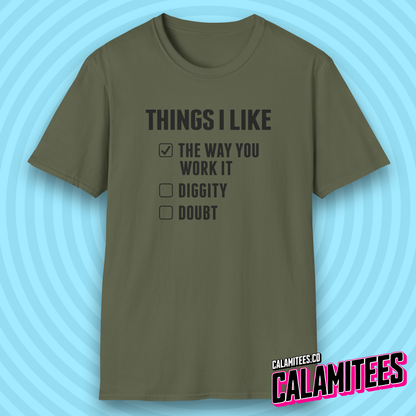 Things I Like Blackstreet No Diggity Parody Checklist T-Shirt