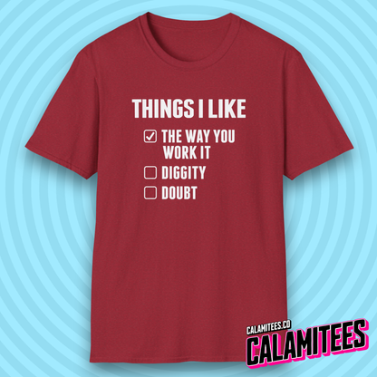 Things I Like Blackstreet No Diggity Parody Checklist T-Shirt
