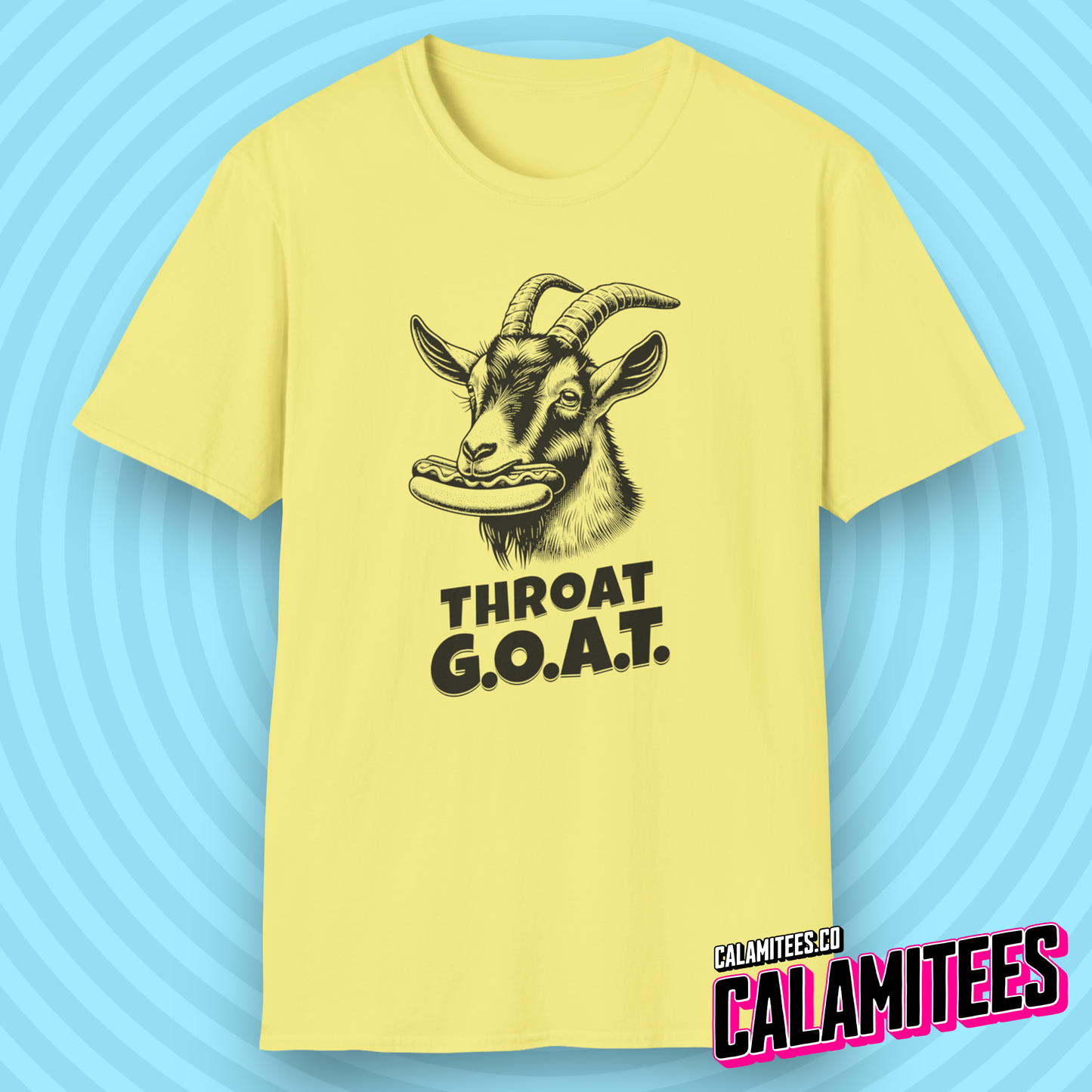 Throat GOAT (G.O.A.T. Greatest of all Time) Goat with a Hotdog in Its Mouth Funny Blowjob BJ Joke Sarcastic Adult Humor T-Shirt Tshirt Shirt CALAMITEES.co Graphic Tee