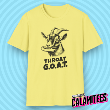 Throat GOAT (G.O.A.T. Greatest of all Time) Goat with a Hotdog in Its Mouth Funny Blowjob BJ Joke Sarcastic Adult Humor T-Shirt Tshirt Shirt CALAMITEES.co Graphic Tee