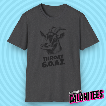 Throat GOAT (G.O.A.T. Greatest of all Time) Goat with a Hotdog in Its Mouth Funny Blowjob BJ Joke Sarcastic Adult Humor T-Shirt Tshirt Shirt CALAMITEES.co Graphic Tee