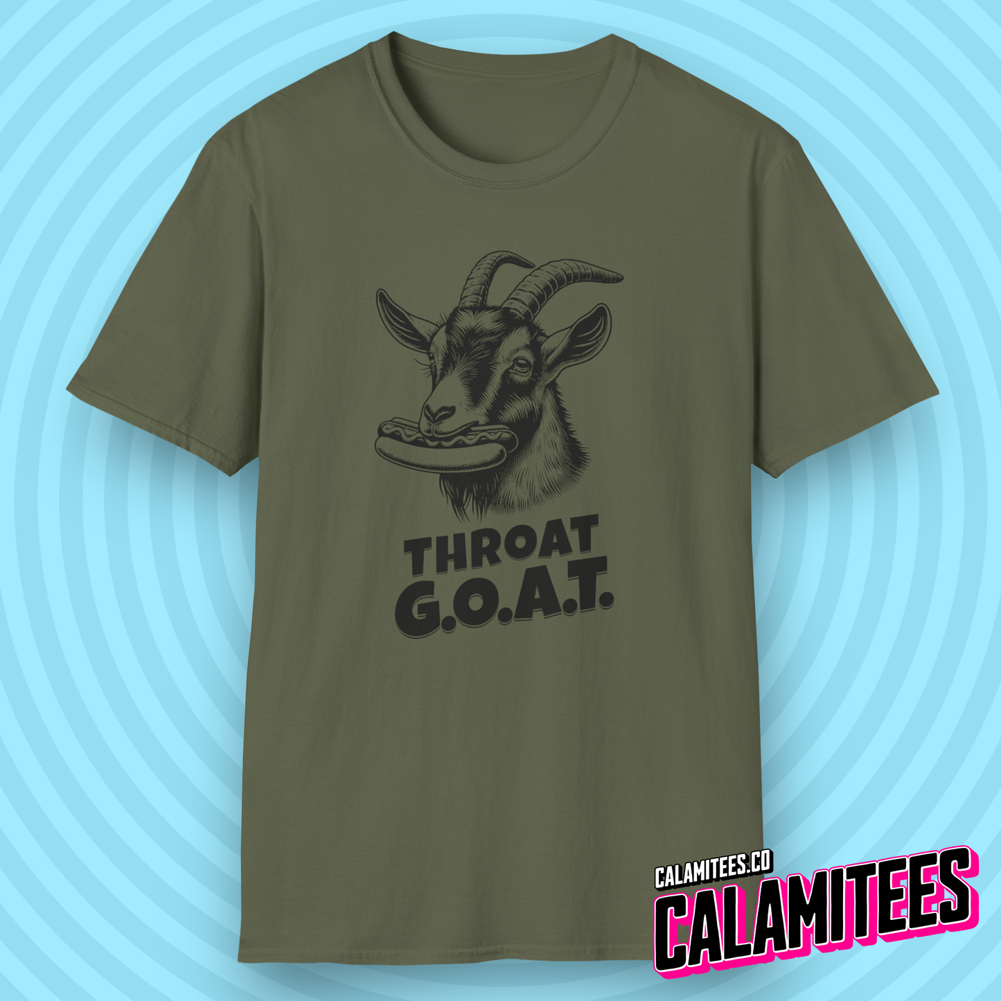 Throat GOAT (G.O.A.T. Greatest of all Time) Goat with a Hotdog in Its Mouth Funny Blowjob BJ Joke Sarcastic Adult Humor T-Shirt Tshirt Shirt CALAMITEES.co Graphic Tee