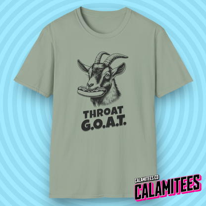 Throat GOAT (G.O.A.T. Greatest of all Time) Goat with a Hotdog in Its Mouth Funny Blowjob BJ Joke Sarcastic Adult Humor T-Shirt Tshirt Shirt CALAMITEES.co Graphic Tee