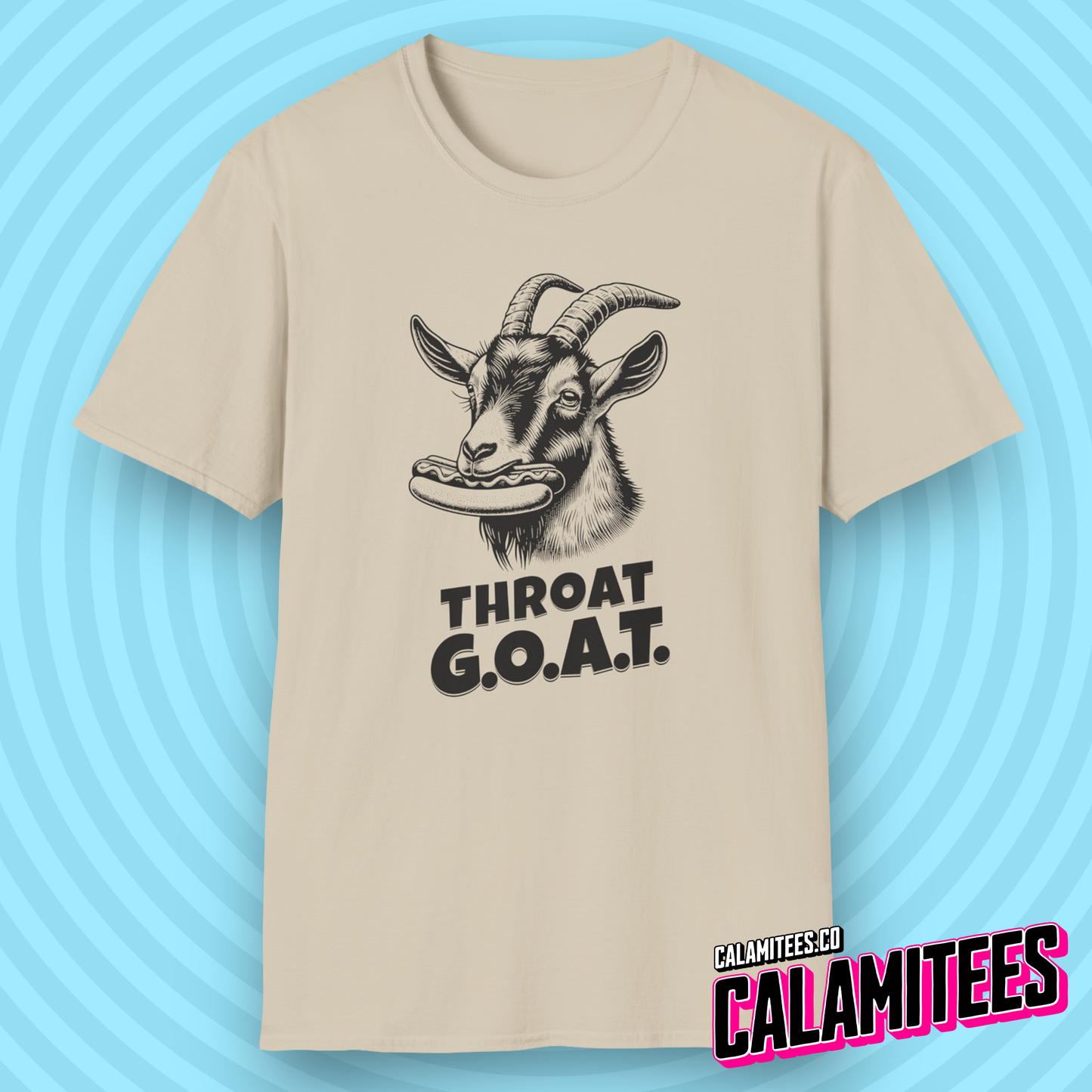 Throat GOAT (G.O.A.T. Greatest of all Time) Goat with a Hotdog in Its Mouth Funny Blowjob BJ Joke Sarcastic Adult Humor T-Shirt Tshirt Shirt CALAMITEES.co Graphic Tee