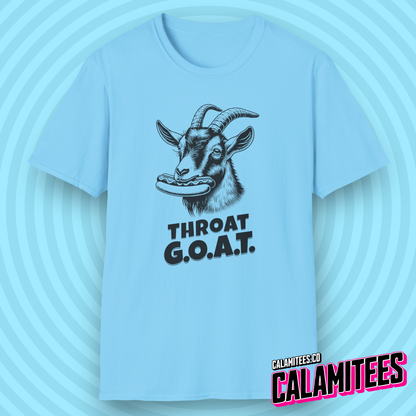 Throat GOAT (G.O.A.T. Greatest of all Time) Goat with a Hotdog in Its Mouth Funny Blowjob BJ Joke Sarcastic Adult Humor T-Shirt Tshirt Shirt CALAMITEES.co Graphic Tee