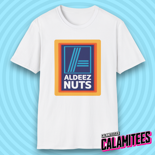 Aldeez Nuts Parody Aldi Logo Graphic Tee Funny T-Shirt at CALAMITEES.co