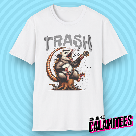 Opossum Playing Banjo Guitar Junkyard Jamboree Trash Possum Illustration Graphic Tee Funny T-Shirt